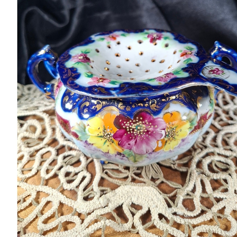 Antique Hand Painted Porcelain Tea Strainer and Drip Bowl Set Cobalt Blue Gold